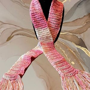 Elegant hand crocheted beaded scarf, os, different shades of pink and white.